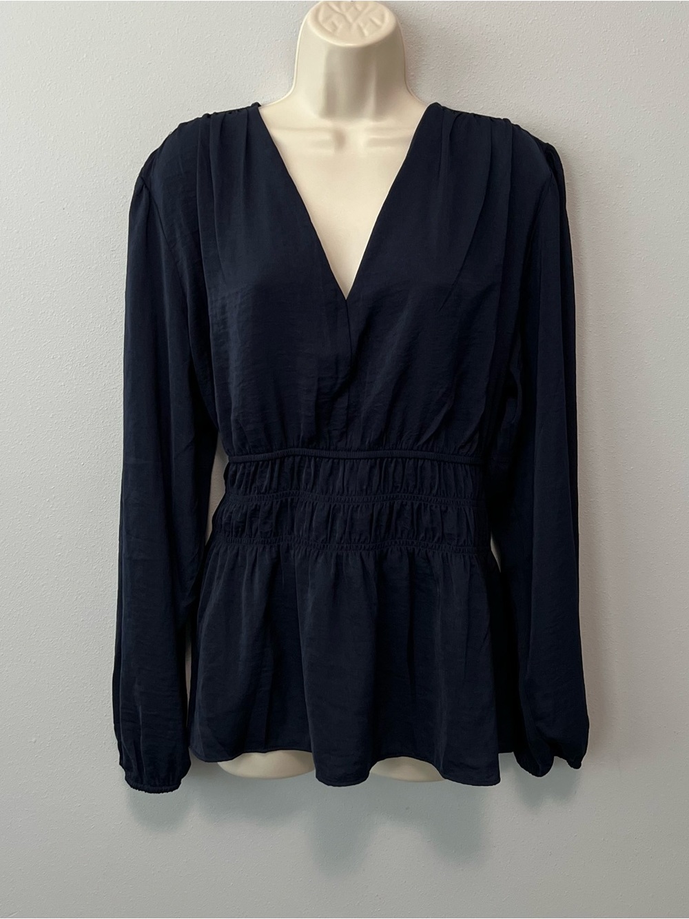 Dolan Long Sleeve Peplum Smocked Waist V Neck Blouse Size XL
